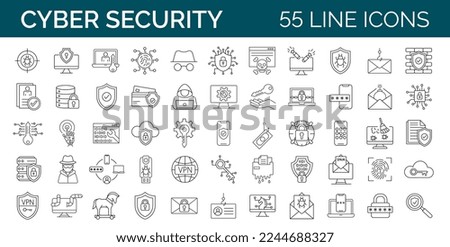 Set of 55 Cyber security and protection editable stroke pictograms. Outline web icon collection. Vector illustration