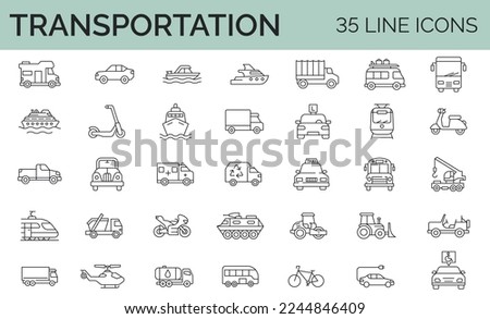Set of 35 line icons related to transport, car, vehicles, transportatio. Editable stroke. Vector illustration