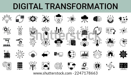 Set of 50 digital transformation simple icons. Collection of line icons as digital services, internet, cloud computing, technology. Editable stroke.  Vector illustration