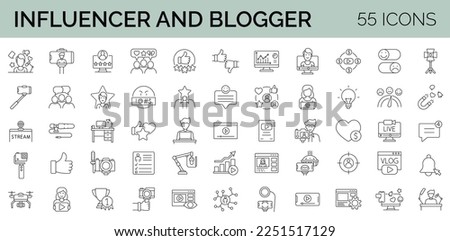 Set of 55 line icons. Vlogging, Blog, Blogger, Influencer and video equipment. Editable stroke