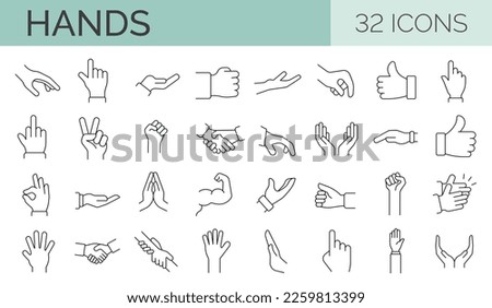 Set of 32 line icons of hands showing different gestures. Editable stroke. Vector illustration