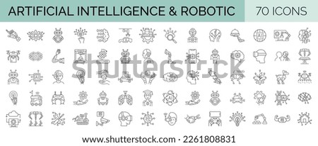 Set of 70 line editable stroke icons raleated to AI, Robotic, Artificial Intelligence, Technology. Outline icons collection. Vector illustration