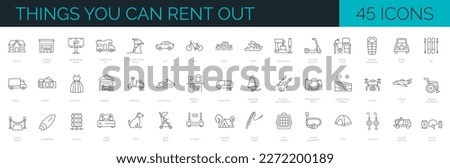 Set of 45 icons related to renting different stuff as equipment, sport gears, transport, buildings, pet and child items. Editable stroke
