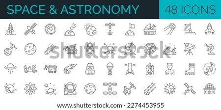 Set of 48 icons related to space and astronomy and astrology. Outline symbols collection. Editable stroke. Vector illustration
