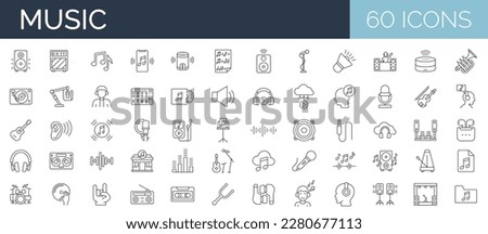 Set of 60 line editable stroke icons related to music, audio, instruments, sound. Vector illustration. Outline icon collection