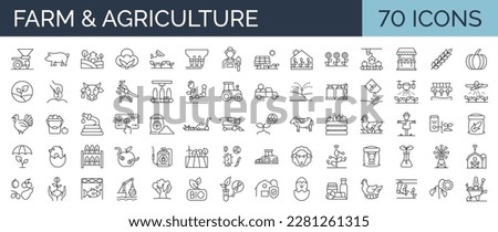 Set of 70 line icons related to farm, farming, gardening, agriculture, smart farm,  farm animals, seeding. Outline symbols collection. Editable stroke. Vector illustration