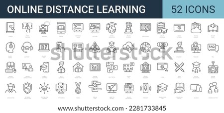 Set of 52 line icons related to e-learning, remote studying, distance education. Outline icons collection. Editable stroke. Vector illustration.