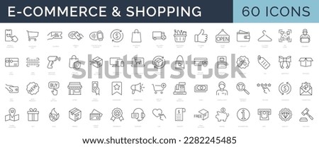 Set of 60 Thin lines web icons - E-commerce, Shopping
Delivering, Store, Marketing, Money. Vector illustration. Editable stroke
