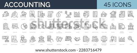 Set of 45 line icons related to accounting, audit, taxes. Outline icon collection. Business symbols. Editable stroke. Vector illustration