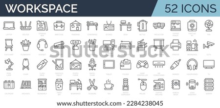 Set of 52 line icons related to Workspace and office, coworking.  Equipment and furniture. Editable stroke. Outline icon collection. Vector illustration