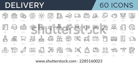 60 line icons related delivery and logistics. Outline icon collection. Editable stroke. Vector illustration