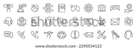 Set of 30 Contact us, support and Help icons in line style. Outline icons collection. Simple vector illustration. Assistance, customer, review, 24 hrs, contact. Editable stroke