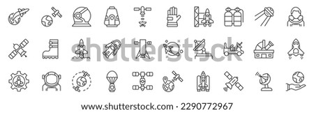 Set of 30 icons related to space and astronomy. Outline symbols collection. Editable stroke. Vector illustration