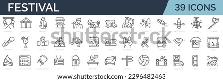 Set of 39 line icons related to festival, holidays, event. Outline icon collection. Editable stroke. Vector illustraton.