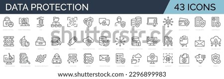 Set of line icons related to data protection, cyber security, privacy. Outline icon collection. Editable stroke.Vector illustration