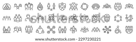 Set of 36 line icons related to society, teamwork, cooperation. Outline icon collection. Editable stroke. Vector illustration