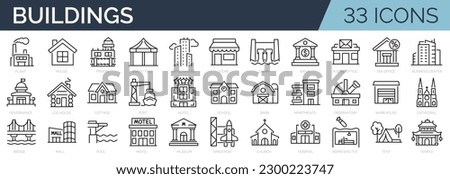 Set of 33 icons related to buildings, real estate. Outline icon collection. Vector illustration. Editable stroke