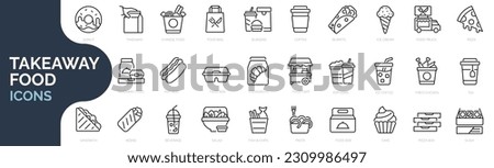 Set of line icons related to takeaway food, junk food, fast food, takeout foot, street food. Outline icon collection. Editable stroke. Vector illustration