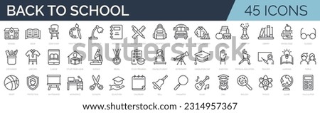 Set of 45 line icons related to back to school, education, learning, school. Outline icon collection. Editable stroke. Vector illustration.