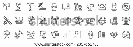 Set of outline icon related to communications, telecommunications. Linear icon collection. Editable stroke. Vector illustration
