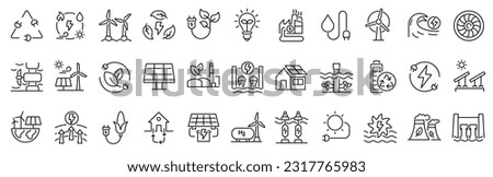 Set of outline icons related to green, renewable energy, alternative sources energy. Eco icon collection. Editable stroke. Vector illustration. 