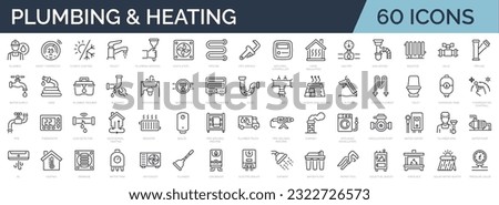 Set of 60 outline icons related to plumbing, heating, ventilation, construction, renovation. Linear icon collection. Editable stroke. VEctor illustration