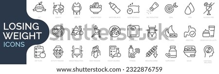Set of outline icons related to diet, lose weight, nutrition. Linear icon collection. Editable stroke. Vector illustration