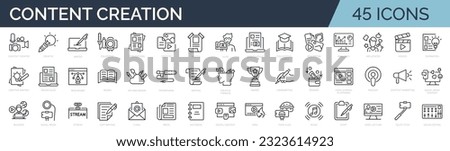 Set of outline icons related to  content creation, media. Linear icon collection. Editable stroke. Vector illustration