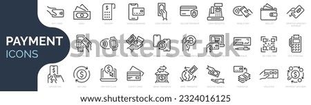 Set of outline icons related to payment methods. Linear icon collection. Editable stroke. Vector illustration
