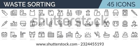 Set of 45 outline icons related to waste sorting, recycling. Linear icon collection. Editable stroke. Vector illustration
