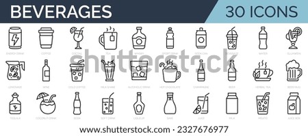 Set of 30 line icons related to beveregas, drinks. Outline icon collection. Editable stroke. Vector illustration