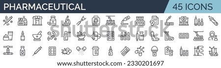 Set of 45 outline icons related to pharmaceutical. Linear icon collection. Editable stroke. Vector illustration