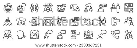 Set of outline icons related conversation, chat, talking, speaking. Linear icon collection. Editable stroke. Vector illustration