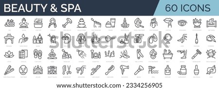 Set of 60 outline icons related to beauty and spa. Linear icon collection. Editable stroke. Vector illustration