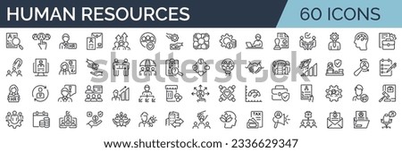 Set of 60 outline icons related to HR, Human Resources, Recruitment, Employment, business, office, company, management. Linear icon collection. Editable stroke. Vector illustration