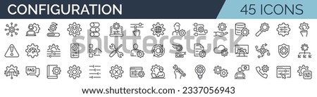 Set of 45 outline icons related to configuration, settings. Linear icon collection. Editable stroke. Vector illustration