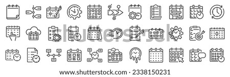 Set of outline icons related to scheduling, time management, calendar. Linear icon collection. Editable stroke. Vector illustration