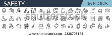 Set of 45 outline icons related to safety. Linear icon collection. Editable stroke. Vector illustration