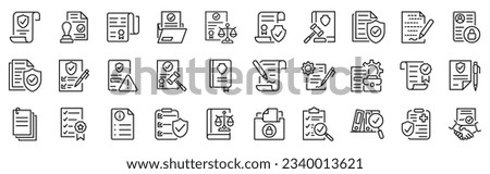 Set of outline icons related to policy, law, legal. Linear icon collection. Editable stroke. Vector illustration