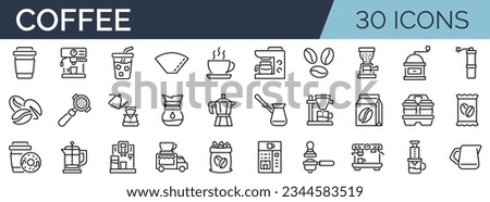 Set of 30 outline icons related to coffee. Linear icon collection. Editable stroke. Vector illustration