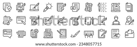 Set of 30 outline icons related to copywriting. Linear icon collection. Editable stroke. Vector illustration