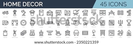 Set of 45 outline icons related to home decor, decorations. Linear icon collection. Editable stroke. Vector illustration