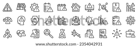 Set of 30 outline icons related to risk, warning, alarm. Linear icon collection. Editable stroke. Vector illustration