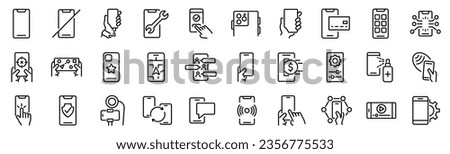 Set of 30 outline icons related to smartphone, phone. Linear icon collection. Editable stroke. Vector illustration