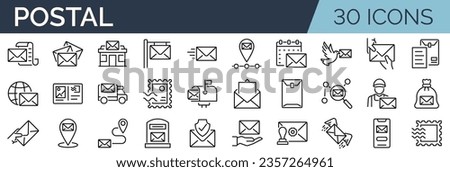 Set of 30 outline icons related to post, postal. Linear icon collection. Editable stroke. Vector illustration