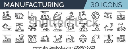Set of 30 outline icons related to manufacturing, production. Linear icon collection. Editable stroke. Vector illustration