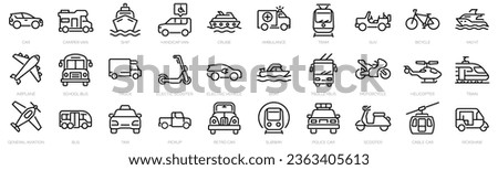 Set of 30 outline icons related to transportation. Linear icon collection. Editable stroke. Vector illustration