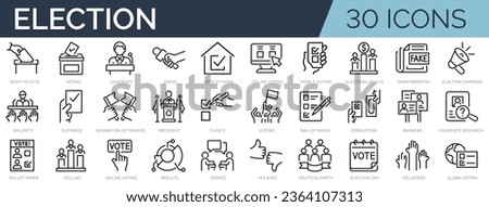 Set of 30 outline icons related to election, voting. Linear icon collection. Editable stroke. Vector illustration