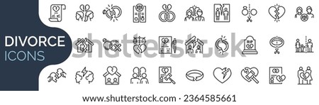 Set of outline icons related to divorce. Linear icon collection. Editable stroke. Vector illustration