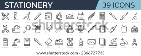 Set of outline icons related to school stationery. Linear icon collection. Editable stroke. Vector illustration